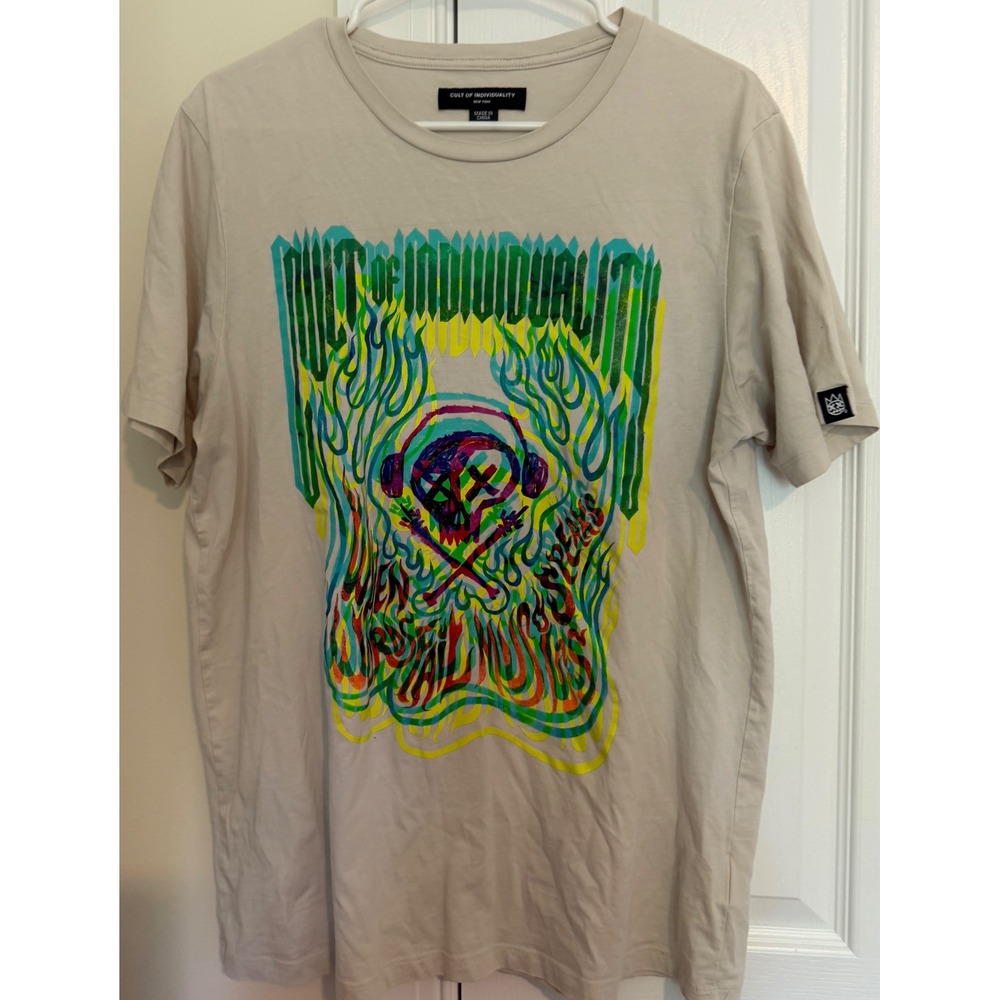 Cult of Individuality Mens Beige Graphic T-Shirt Skull Music Speaks 622A5-K49A